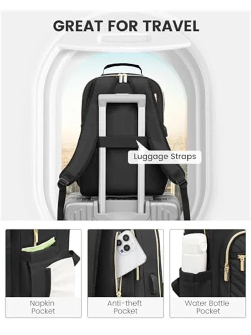 Women's 17 Inch Laptop Backpack Travel Work Business College USB Port Black Bags